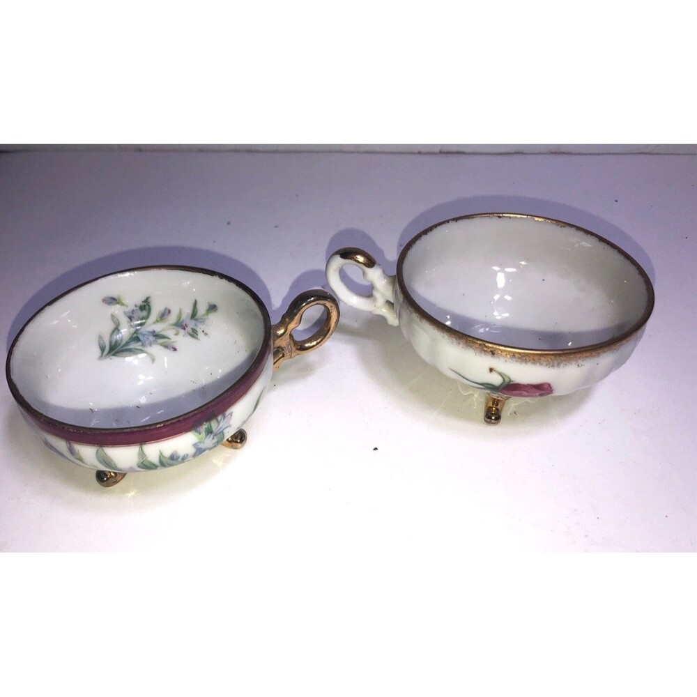 2Royal Sealy Double wedding ring gold handle teacup  footed w FLural lusterware